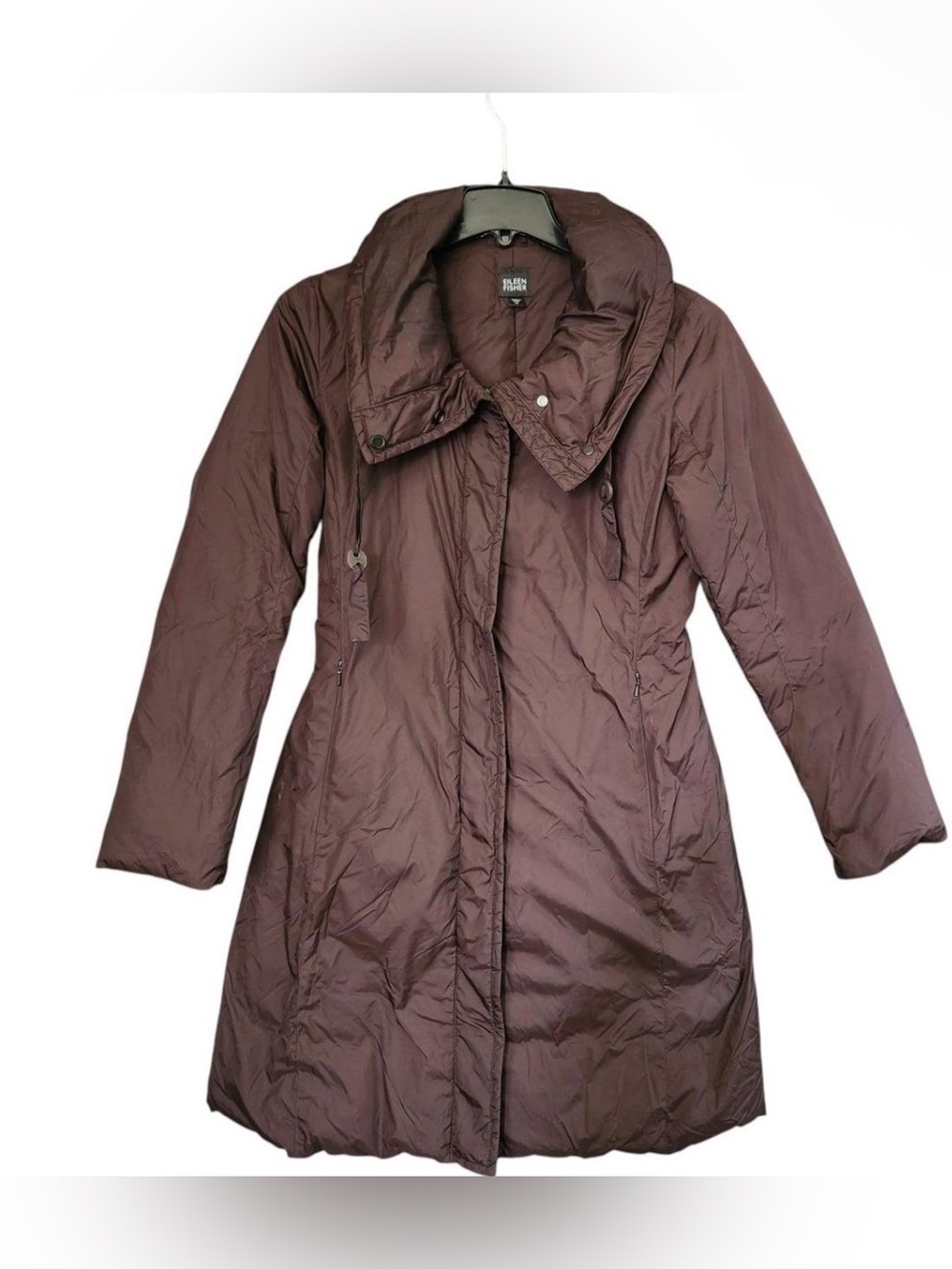 Eileen Fisher Long-Line Down Puffer Coat Jacket Size M  in Brown /  Deep Plum